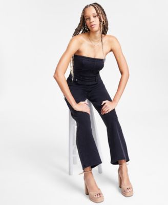 Women's Strapless Black-Wash Denim Jumpsuit