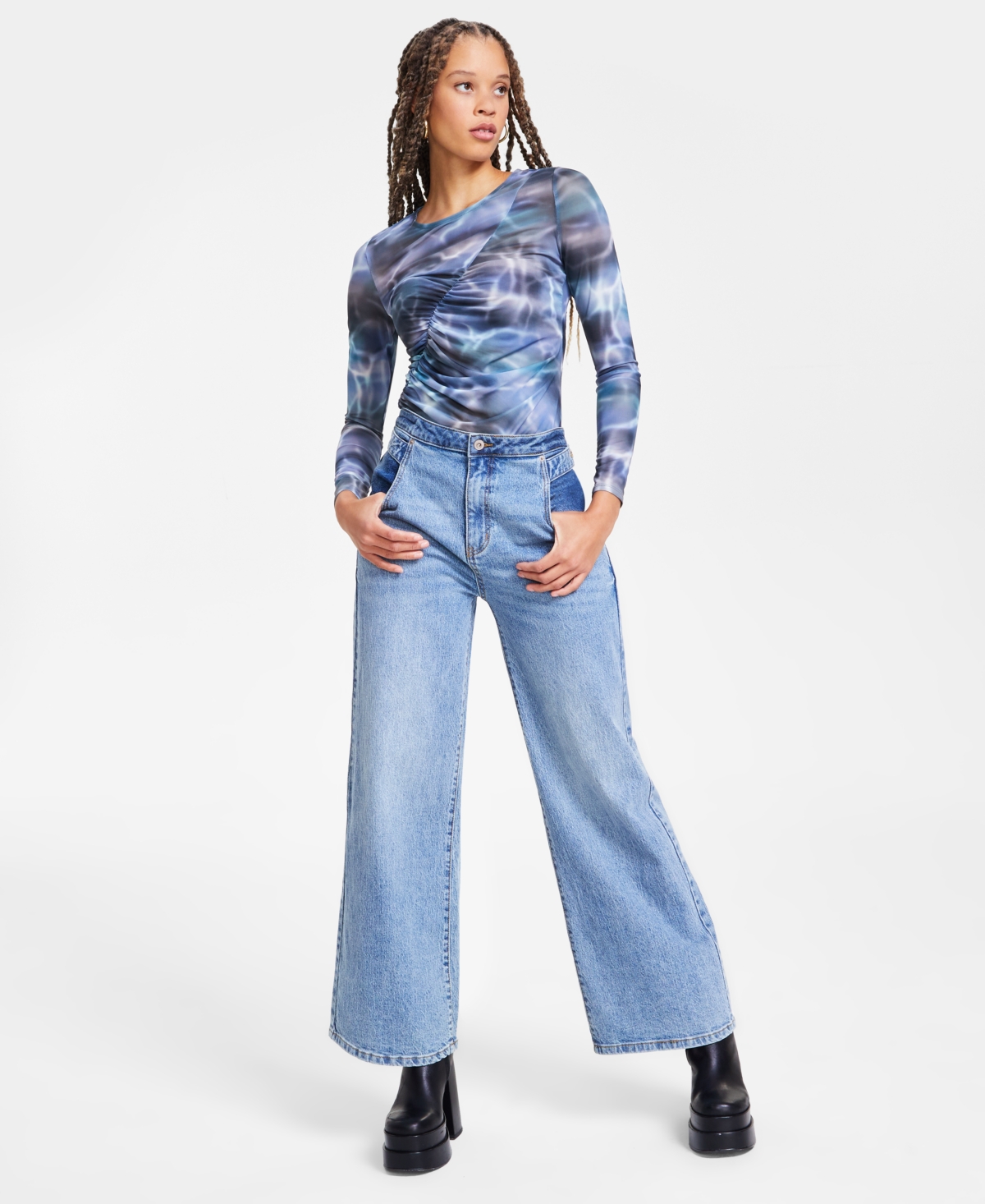 Bar Iii Trendy Plus Printed-mesh Long-sleeve Ruched Top, Exclusively At Macy's In Ombre Wave
