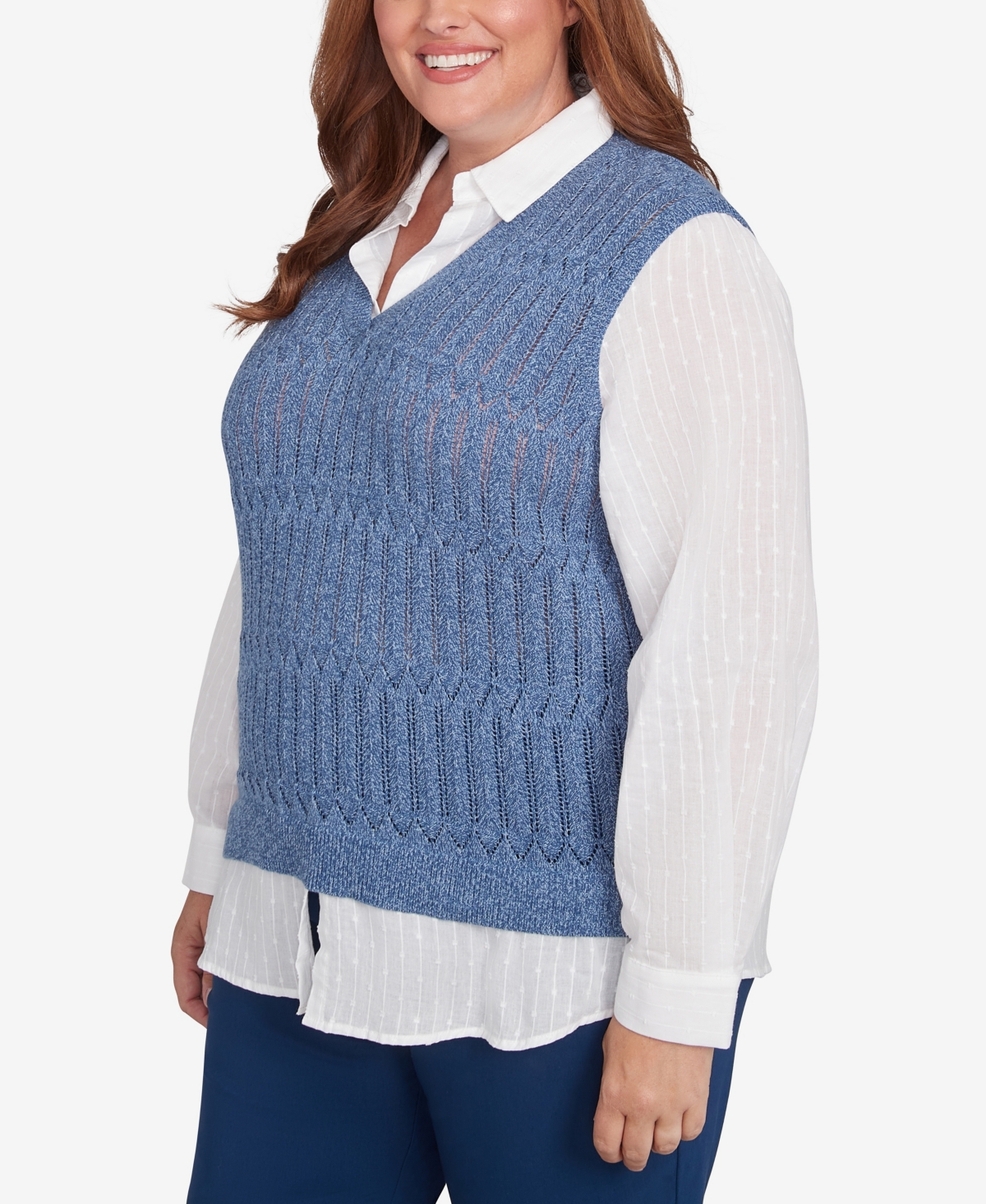 Alfred Dunner Plus Size Lake Victoria Collared Vest Two In One Sweater In Blue