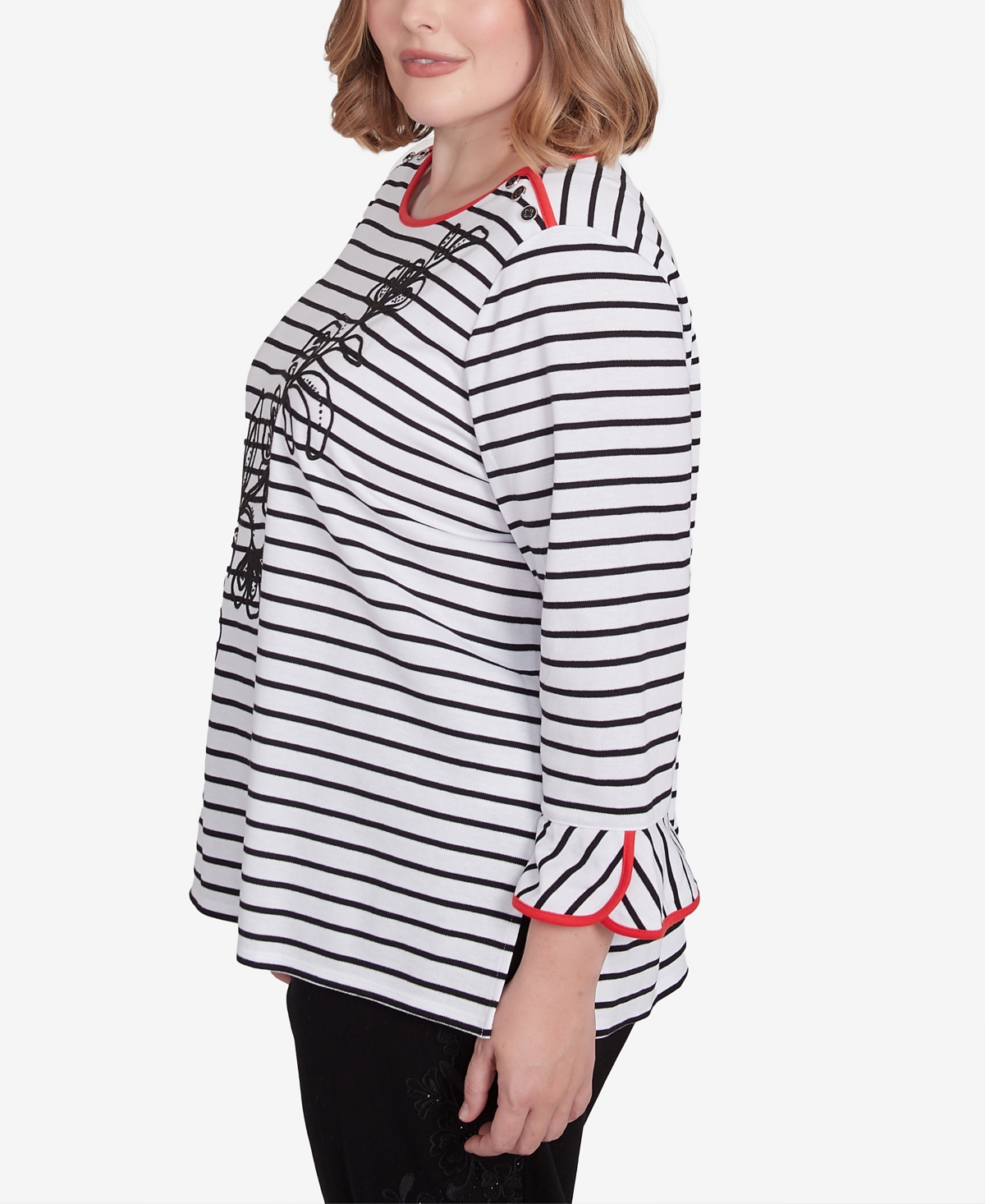 Alfred Dunner Plus Size Wild at Heart Striped Floral Flared Sleeve Top -White