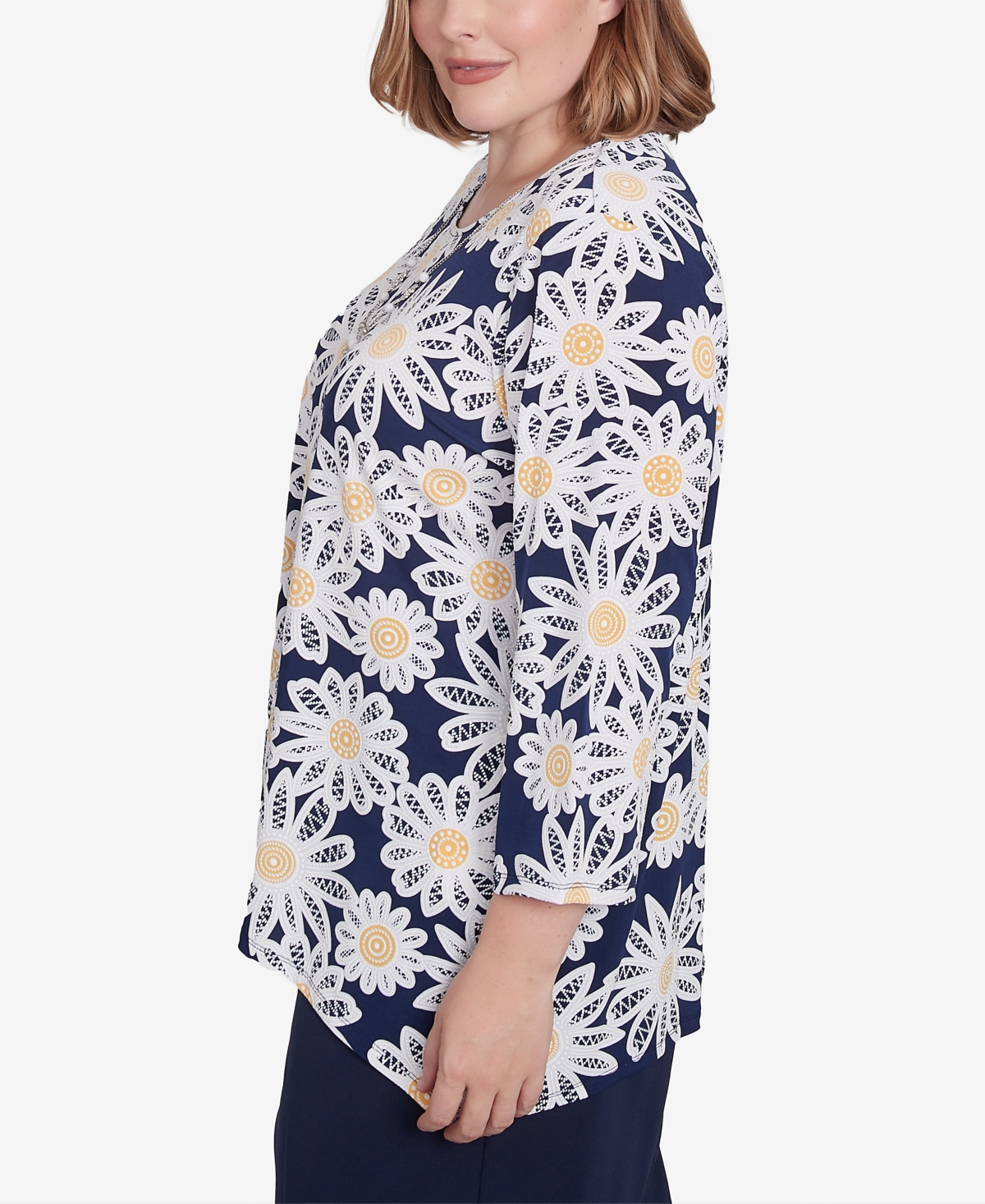 Alfred Dunner Plus Size Block Island Daisy Puff Print Top with Necklace