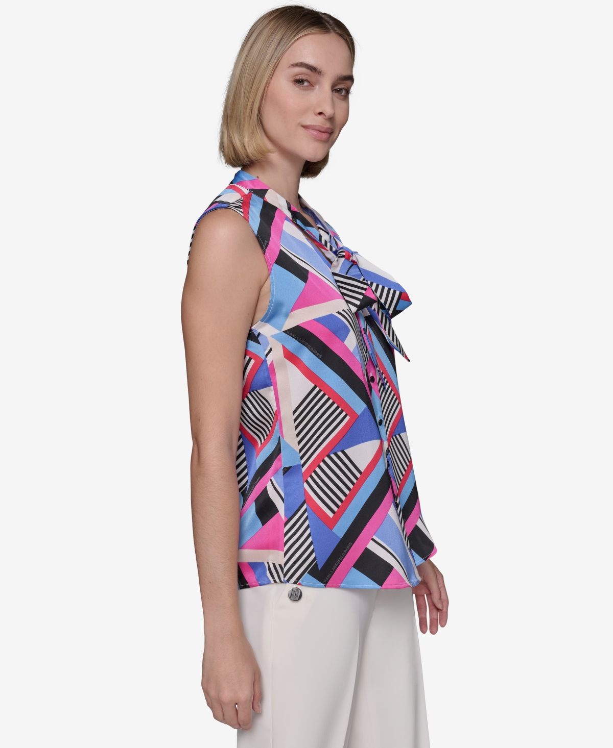 Karl Lagerfeld Paris Women's Crepe Geo-Print Tie-Neck Blouse -el