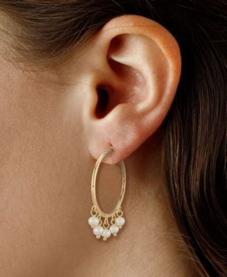 White Pearl (3mm) Drop Hoop Earrings in 14k Yellow Gold