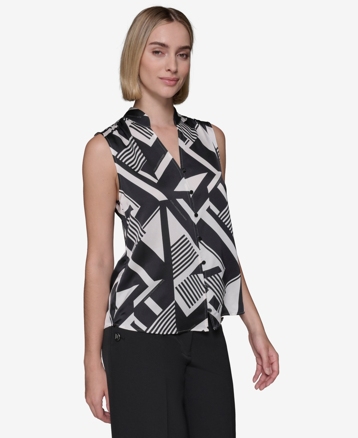 Karl Lagerfeld Paris Women's Printed V-Neck Blouse -bl