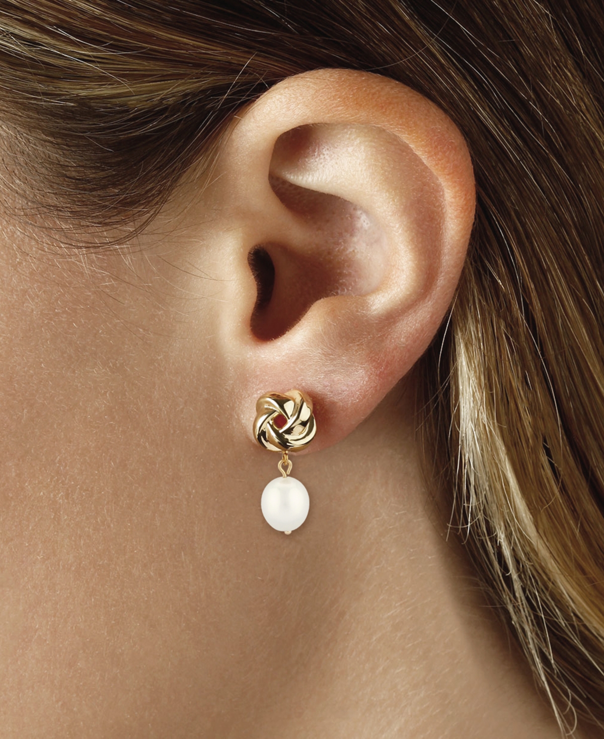 Macy's Love Knot White Pearl (8mm) Drop Earrings in 14k Yellow- Gold