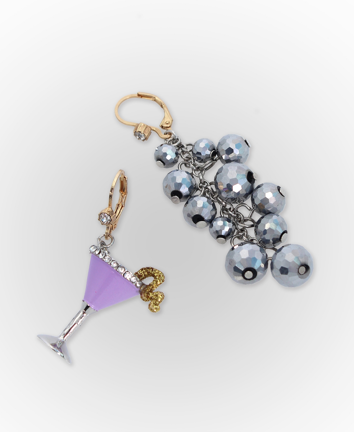 Betsey Johnson Faux Stone Midnight Magic Martini Mismatch Drop Earrings -Two Tone