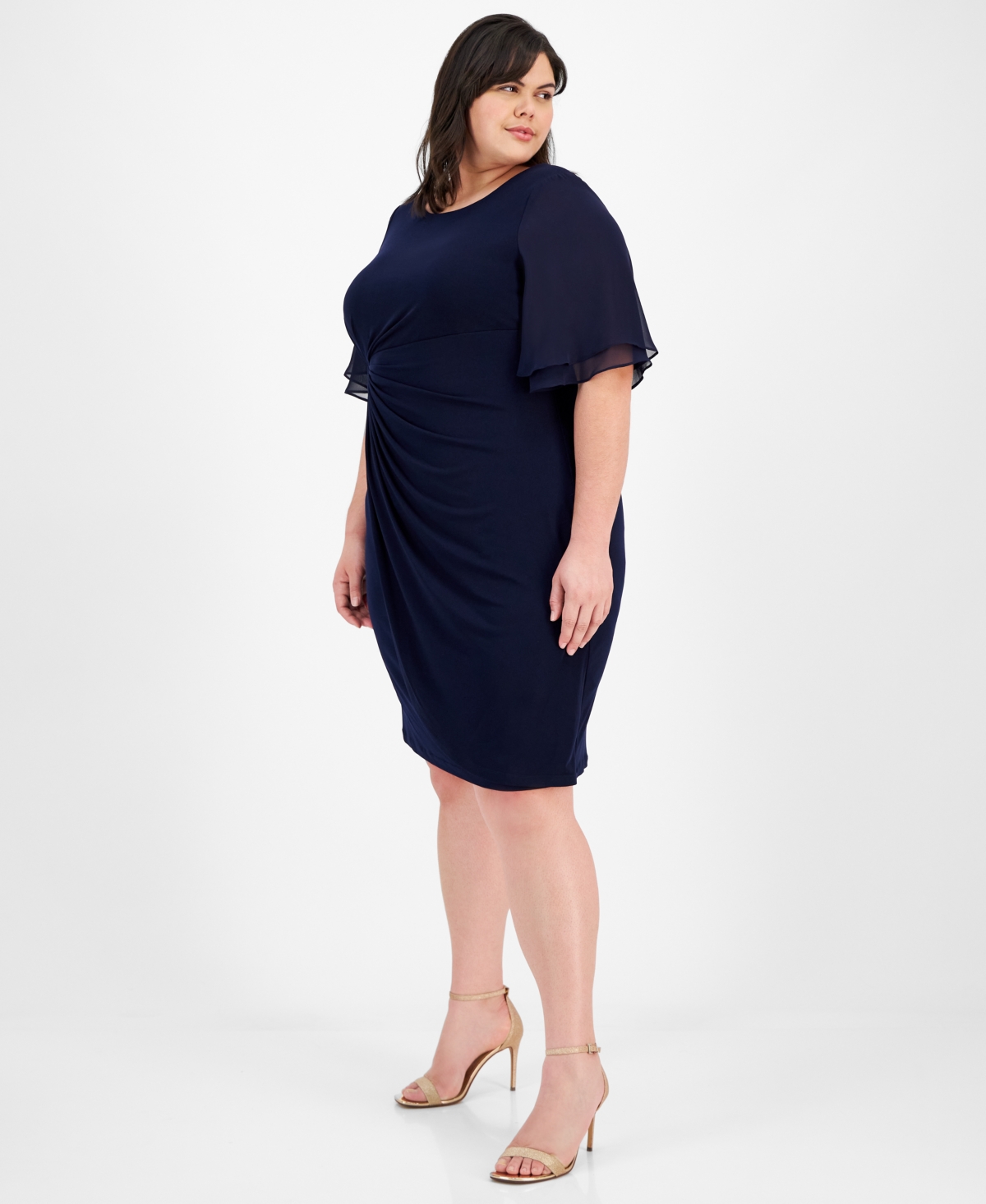 Connected Plus Size Draped Flutter-sleeve Sheath Dress In Navy
