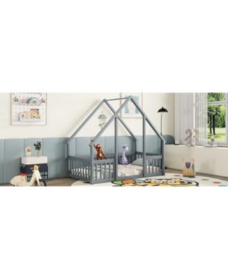 Twin Wood House-Shaped Floor Bed with Fence, Guardrails, Grey