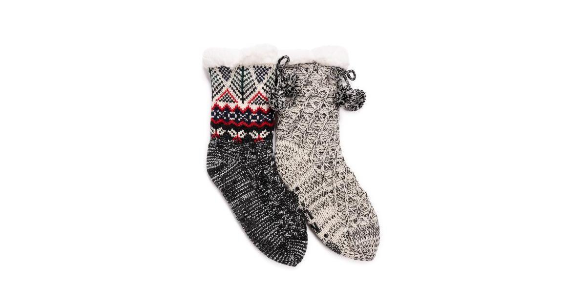 Muk Luks Women's 2 Pack Pom Tall Cabin Sock