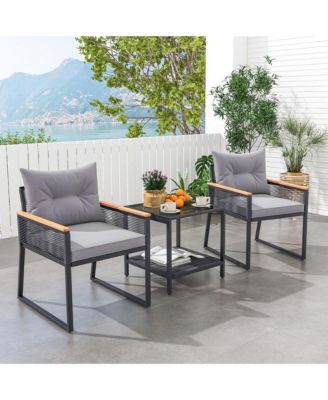 3 PCS Outdoor Conversation Set with 2-Layer Side Table Acacia Wood Armrests