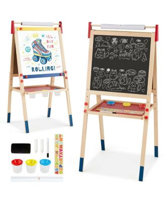All-in-One Wooden Height Adjustable Kid's Art Easel with Magnetic Stickers and Paper