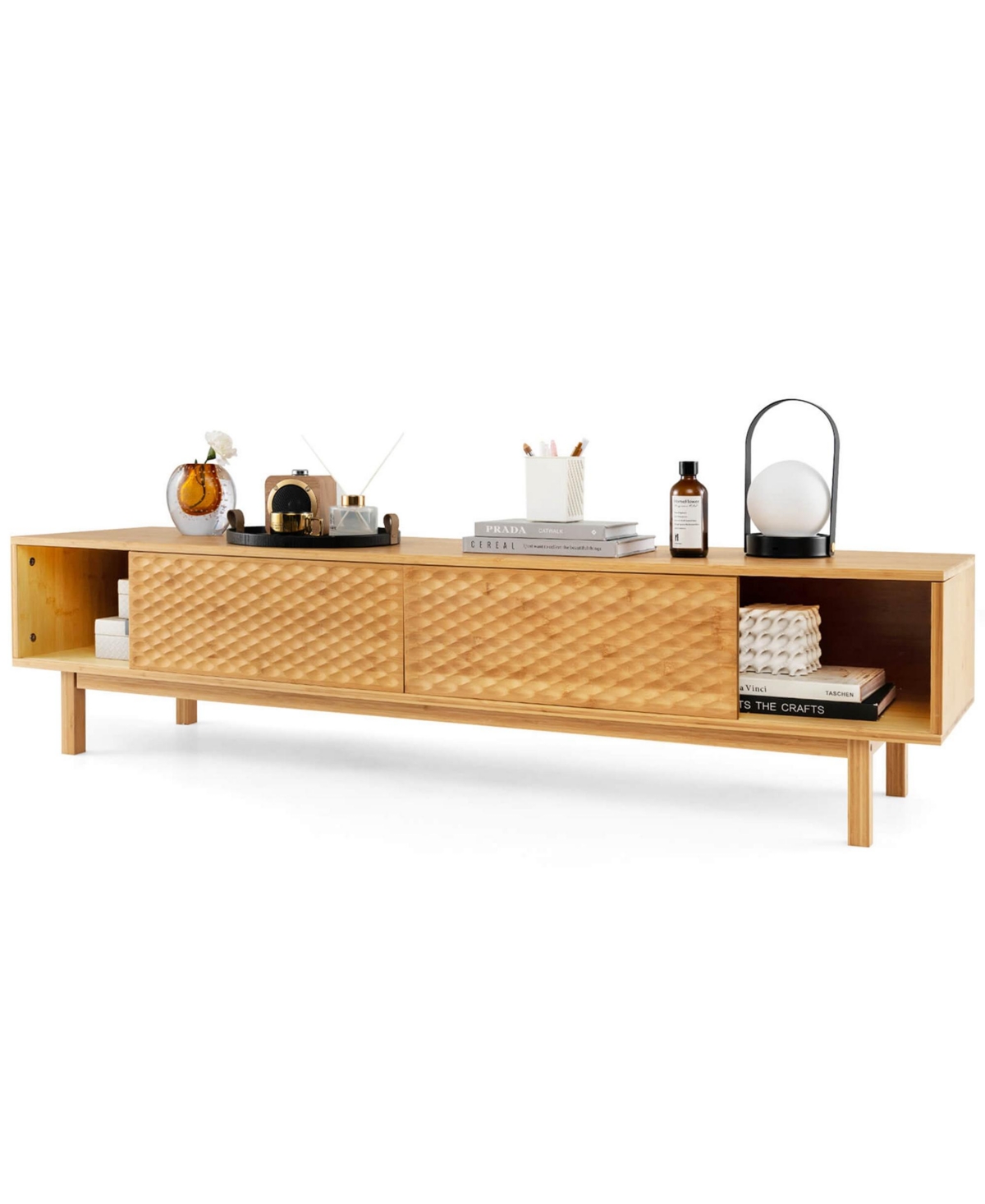 Costway Bamboo Tv Stand with 3 Storage Cubes Sliding Doors Mid Century Storage Cabinet