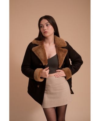 Women's Leather Sheepskin Peacoat, Brown, Created for Macy's