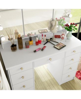  Modern Makeup Vanity Desk 9 Drawers Wood Dressing Table With 3 Mirrors, Hidden Storage Shelves, LED Bulb Lights
