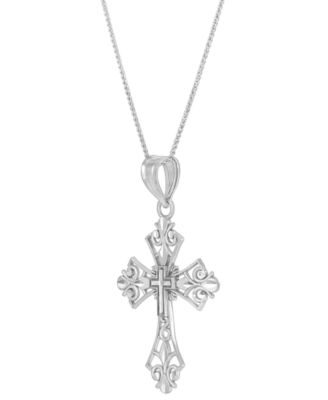 Ornate Openwork Cross 18" Pendant Necklace in 14k White Gold 