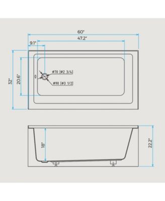 60 Inch Acrylic Rectangular Alcove Soaking Bathtub, Rectangle 60-Inch x 32-Inch Alcove Bath with Integral Apron, Integral Flange and Left Hand Drain, White,Chrome Pop-Up Drain