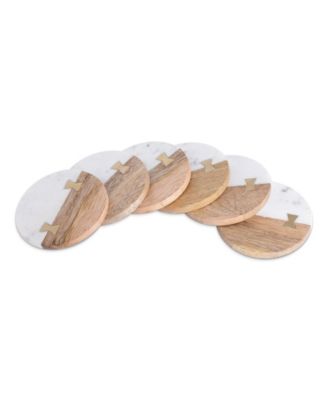 Uptown Round Marble and Wood Coasters with Inlay, Set of 6