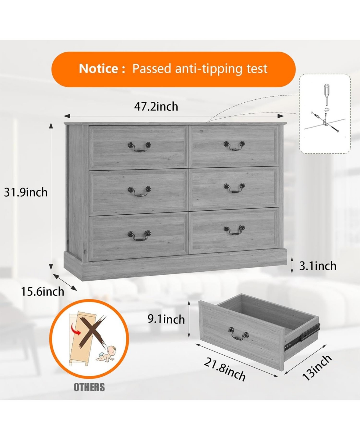 gaomon Modern Farmhouse 6-Drawer Double Dresser - Rustic Wood Storage Cabinet For Bedroom/Living Room