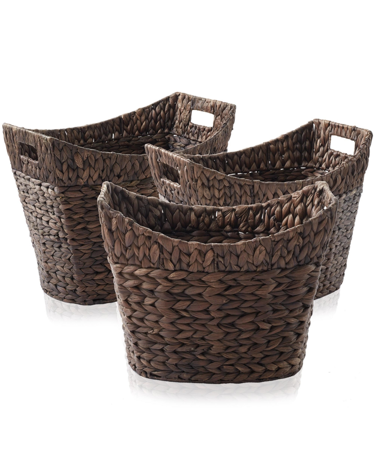 Set of 3 Oval Baskets with Handles - Espresso, Water Hyacinth Woven Storage Totes for Blankets, Laundry, Bathroom, Bedroom, Living Room - Es