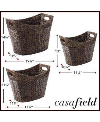Set of 3 Oval Baskets with Handles - Espresso, Water Hyacinth Woven Storage Totes for Blankets, Laundry, Bathroom, Bedroom, Living Room