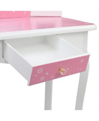 Children's Wooden Dressing Table with Three-Sided Folding Mirror, Chair, and Single Drawer in Blue Snowflake Style