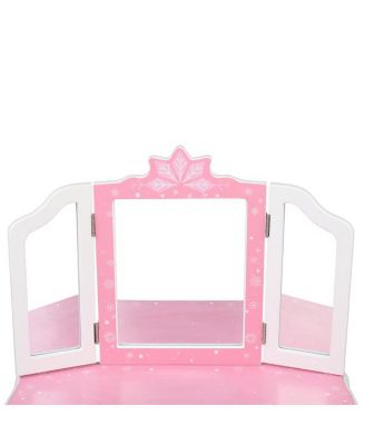Children's Wooden Dressing Table with Three-Sided Folding Mirror, Chair, and Single Drawer in Blue Snowflake Style