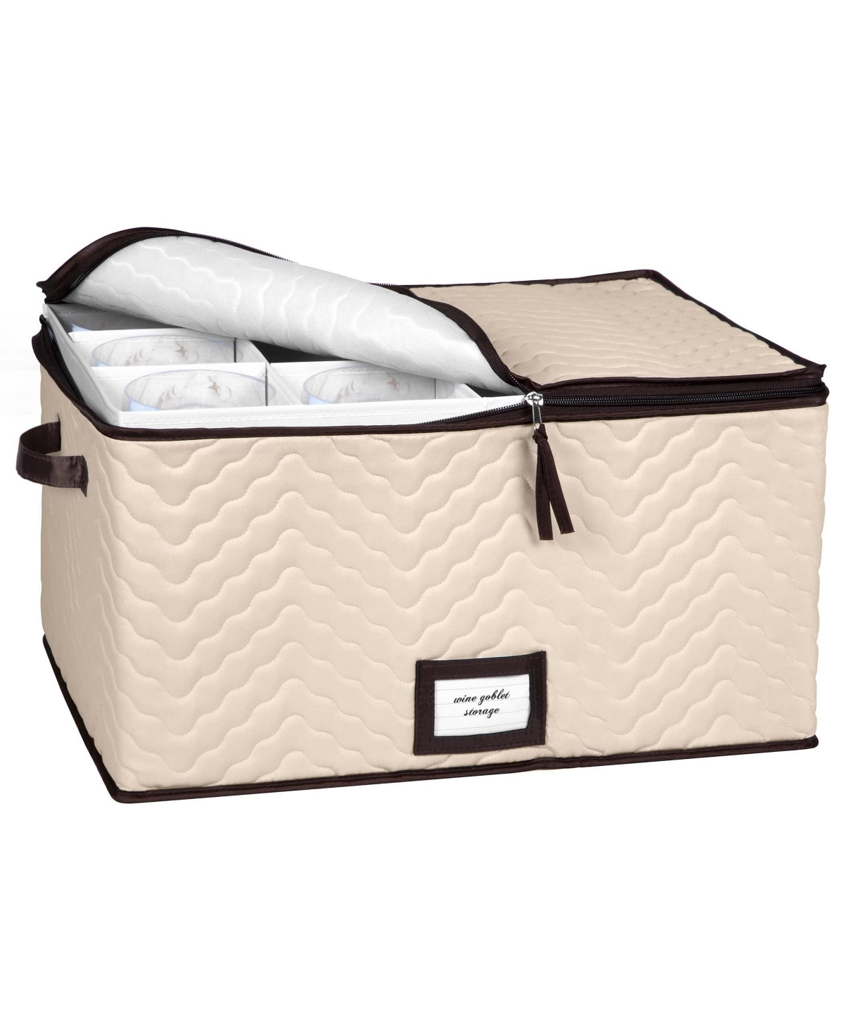 Wine Glass Storage Box with Dividers and 5"W cells - Holds 12 Wine Glasses up to 10" Tall - Beige