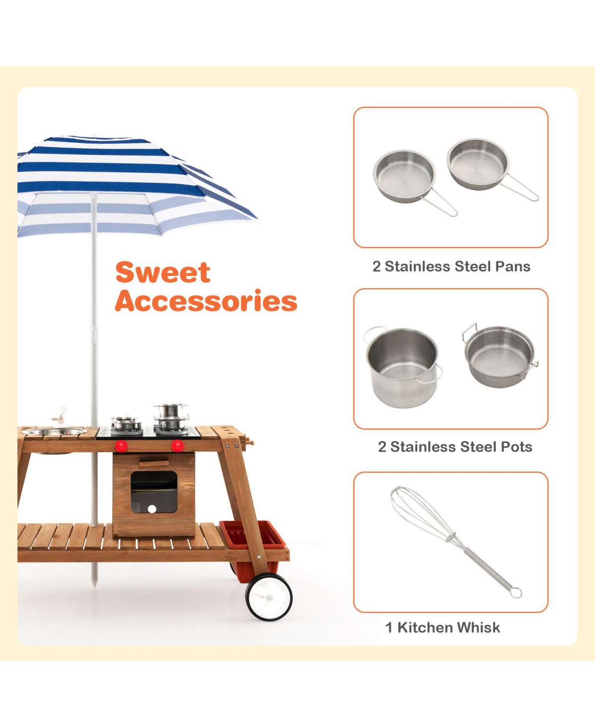 Hongge Wooden Play Cart with Sun Proof Umbrella for Toddlers Over 3 Years Old-Blue