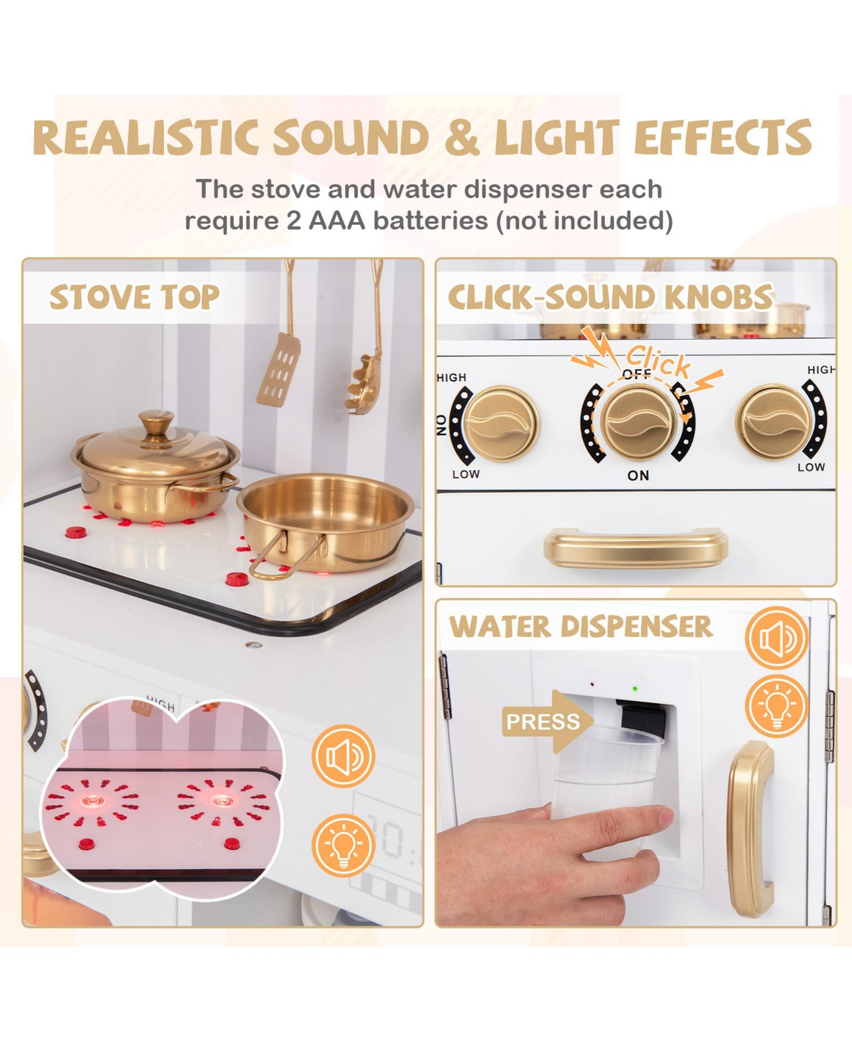 Hongge Pretend Play Kitchen for Kids with Real Sounds and Lights- White