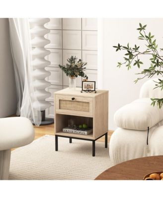 2PCS Rattan Nightstand Boho End Table w/ Drawer & Open Shelf for Living Room Oak