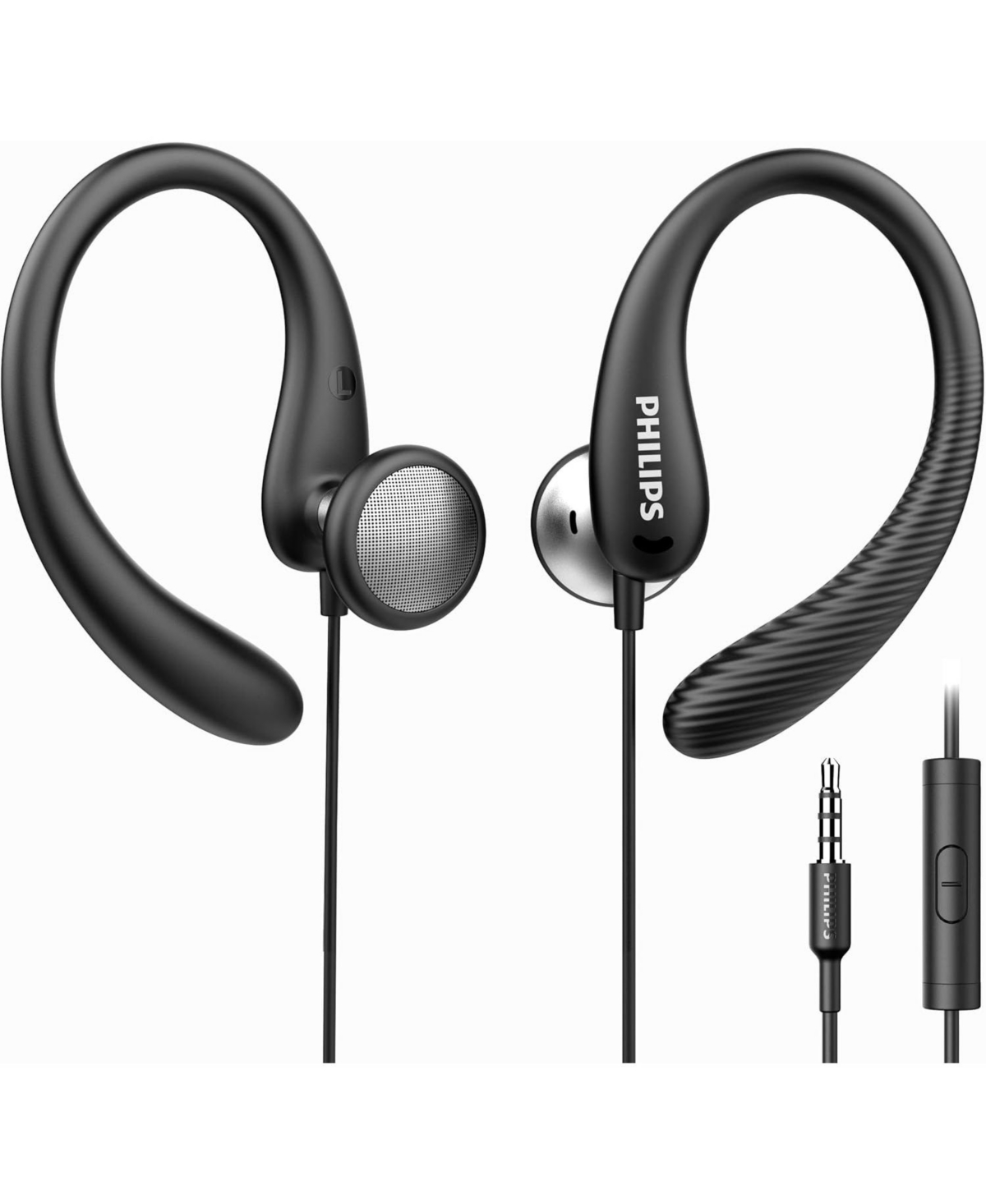 Philips Flexible Earhook Headphones - Secure Fit, Neodymium Drivers, Lightweight, Ergonomic Design, Durable Build, and 3.5mm Jack for Active Use - Bla