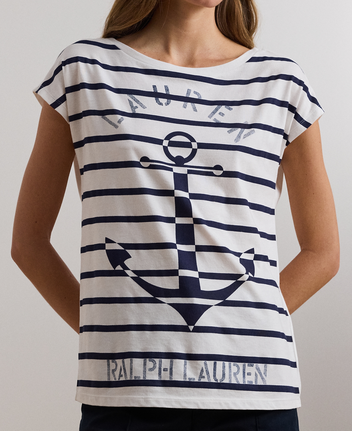 Lauren Ralph Lauren Petite Striped Anchor-Graphic Jersey Tee -Lauren Navy