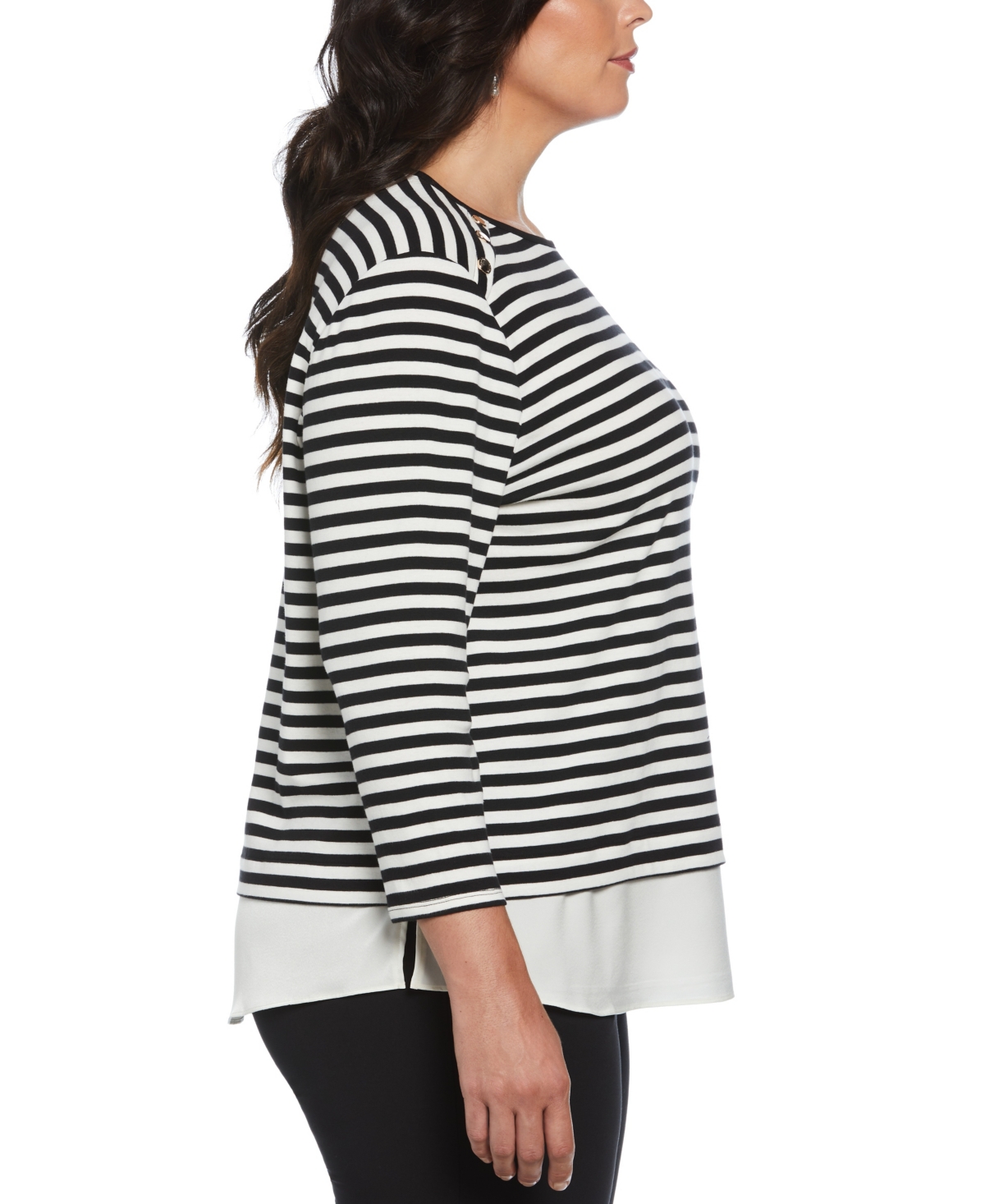 Rafaella Plus Size Stripe Rivet Detail Layered 3/4 Sleeve Top