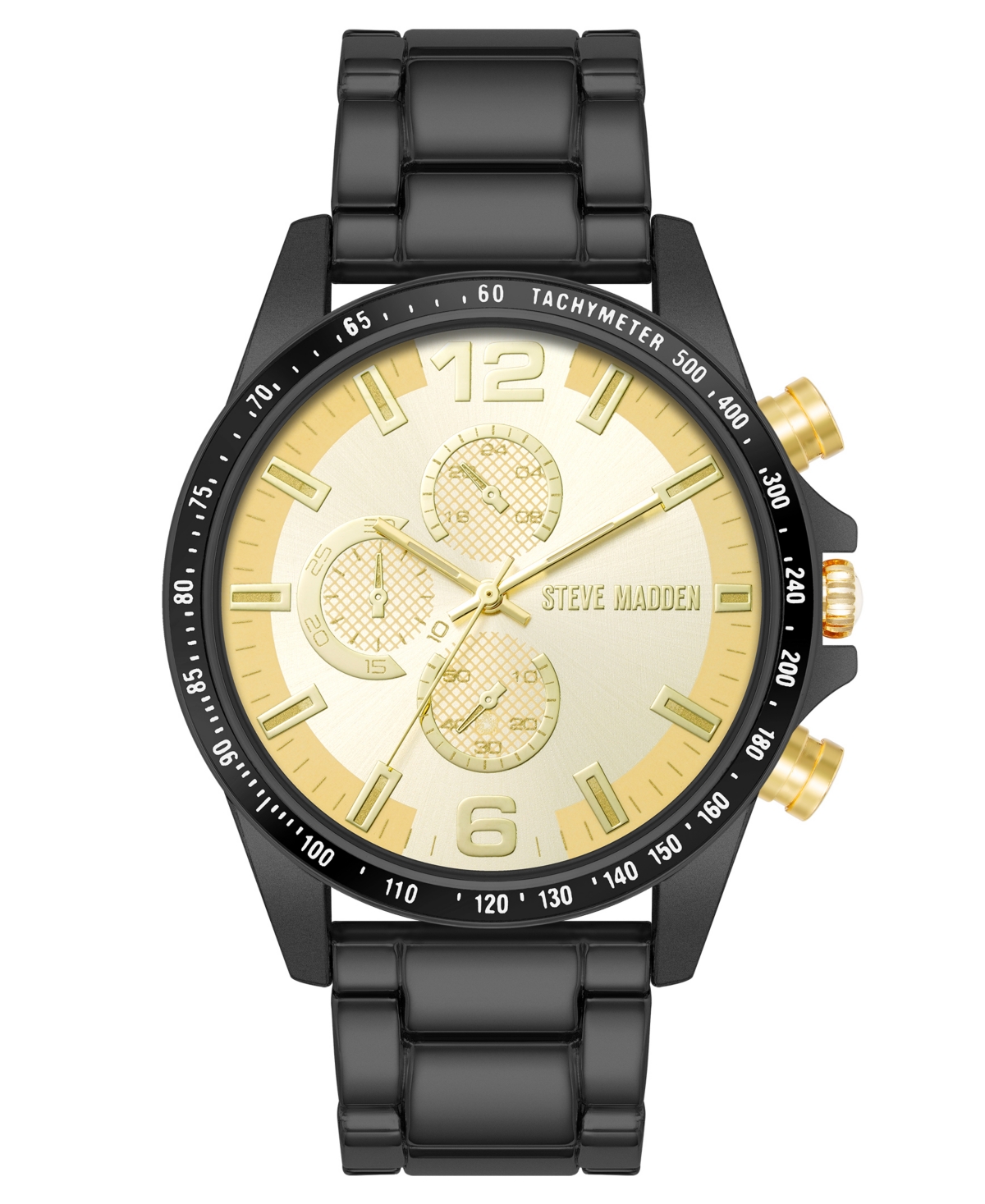 Steve Madden Men's Iconic Champagne And Black Alloy Metal Watch, 45mm In Black,gold-tone