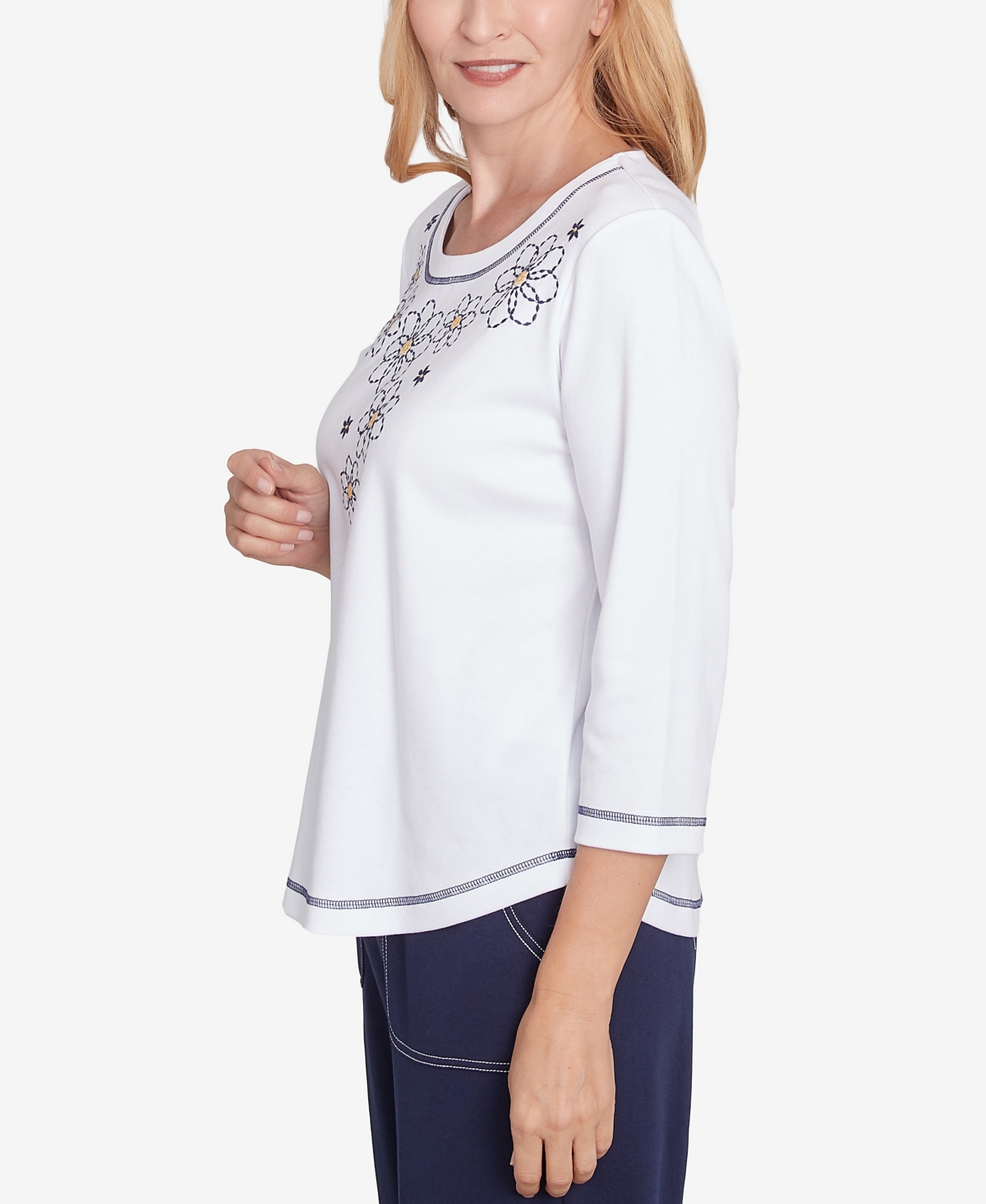 Alfred Dunner Women's Block Island Floral Embroidered Neckline Three Quarter Sleeve Top