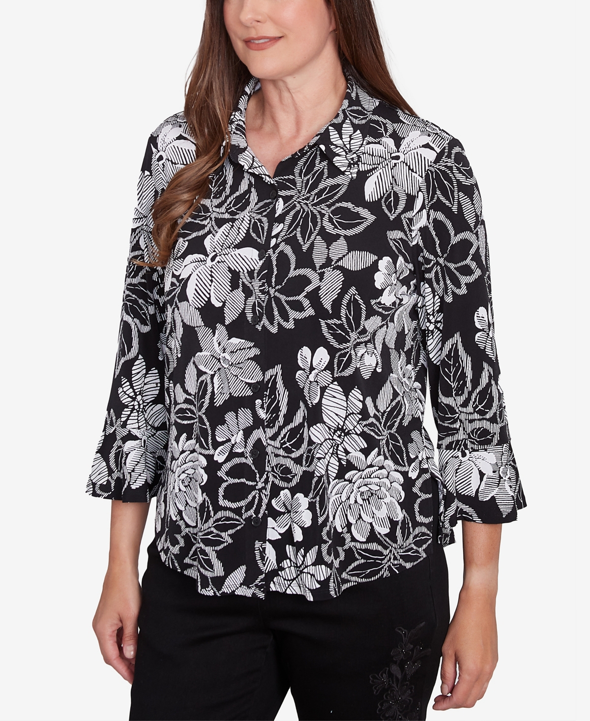 Alfred Dunner Petite Floral Puff Print Button Down Top In Black,white