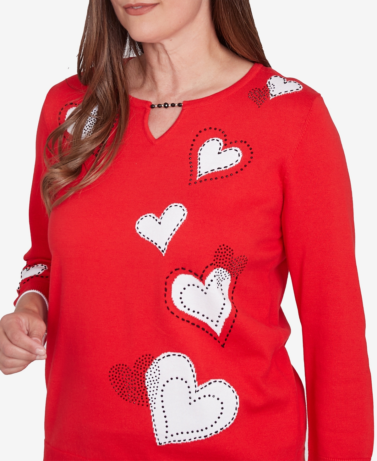 Alfred Dunner Women's Wild at Heart Stitched Hearts Beaded Neckline Sweater