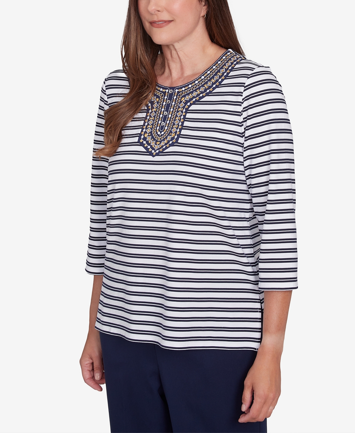 Alfred Dunner Plus Size Block Island Striped Top With Embroidered Neckline In Navy Multi