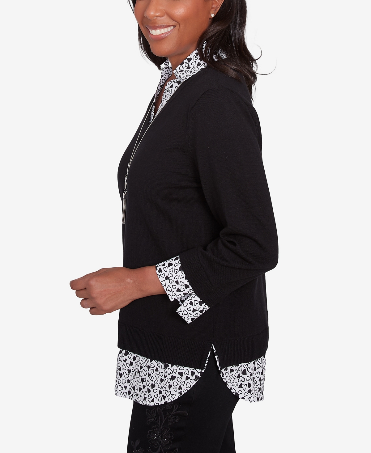 Alfred Dunner Plus Size Wild At Heart Woven Trim Two In One Sweater In Black