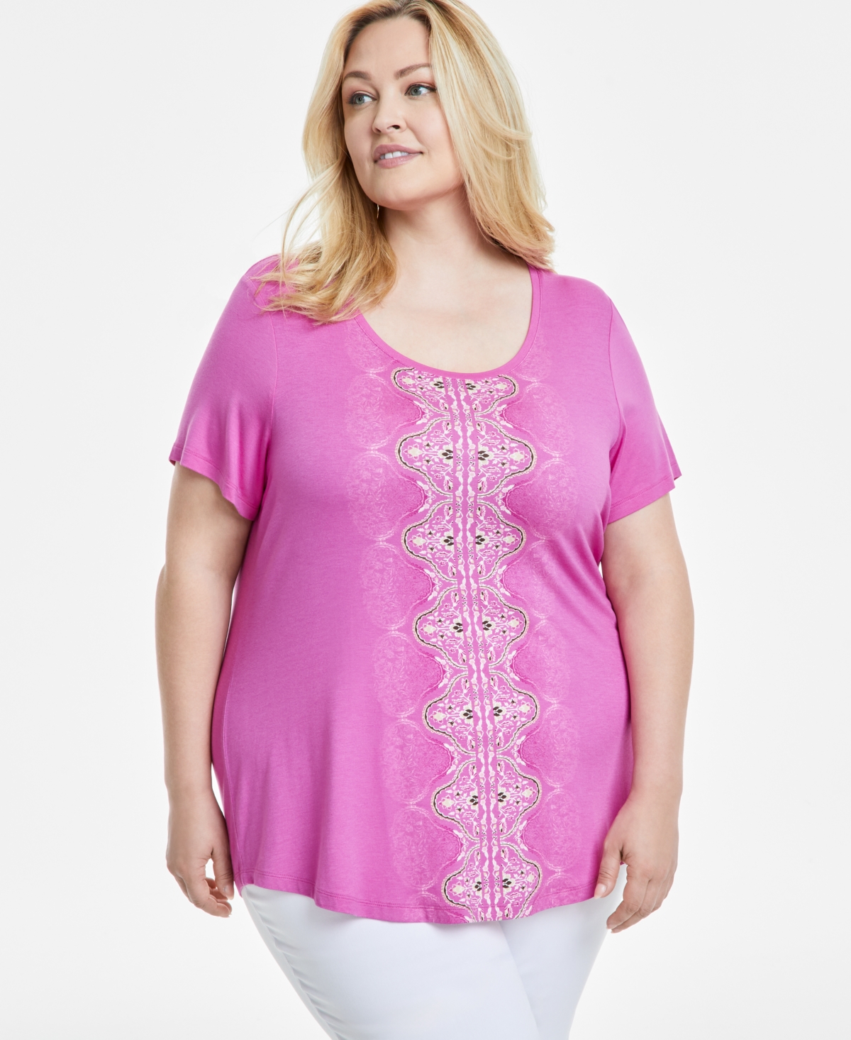 JM COLLECTION PLUS SIZE PRINTED SHORT SLEEVE TOP, EXCLUSIVELY AT MACY'S 