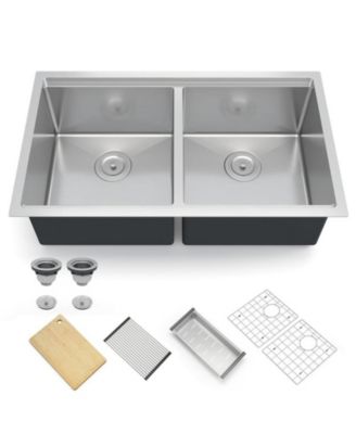 Kitchen Sink, 33 Inch Brushed Nickel Undermount Kitchen Bar Sink with Single-tier Track, Stainless Steel 16 Guage Double Bowl Kitchen Sinks, Family and Bar Sink with Full Accessories