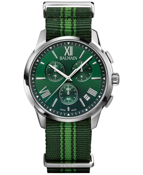 Мужские часы Balmain Swiss Chronograph Madrigal Dark Green Striped Nato Strap Watch 42mm