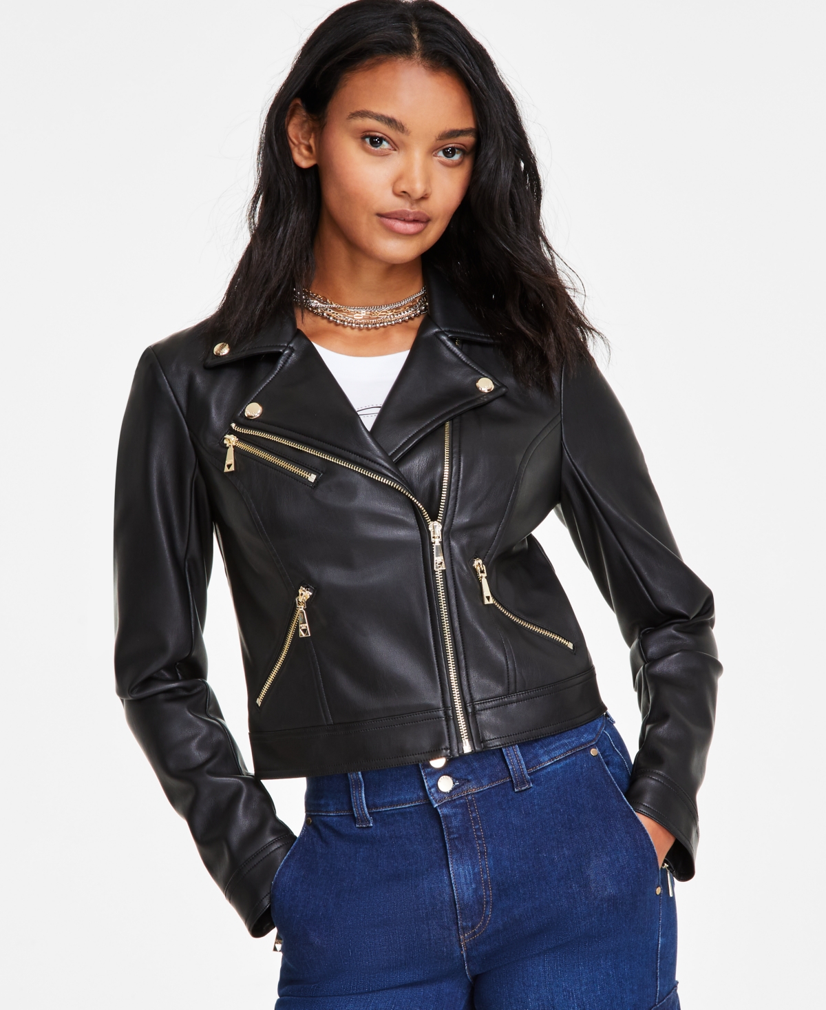 Guess cropped leather jacket on sale