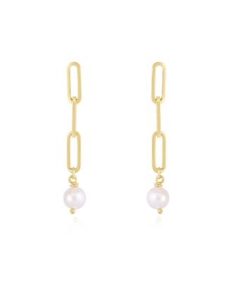Pearl Paperclip Link Earrings 14K Gold