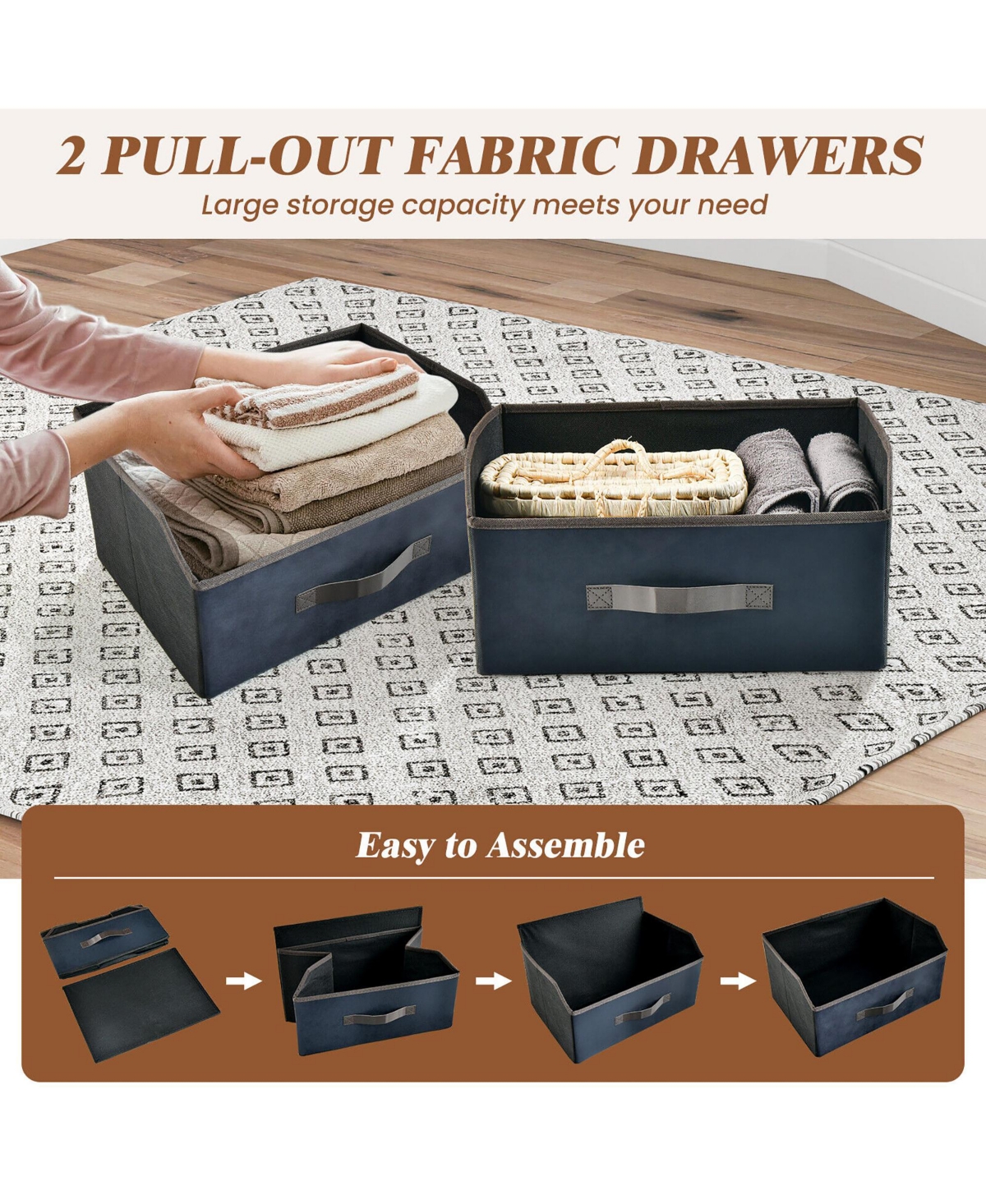 Gymax 2PCS Nightstand End Side Table Dresser w/ 2 Pull-out Fabric Drawers for Bedroom - Rustic brown+navy+black