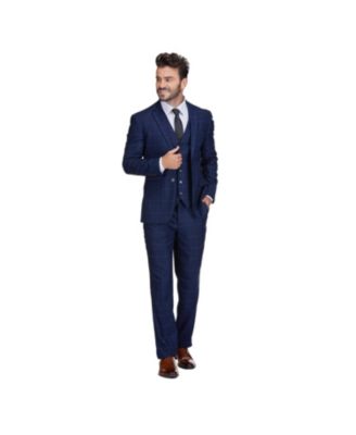 Men's Slim Fit 3-Piece Blue Windowpane Plaid Suit