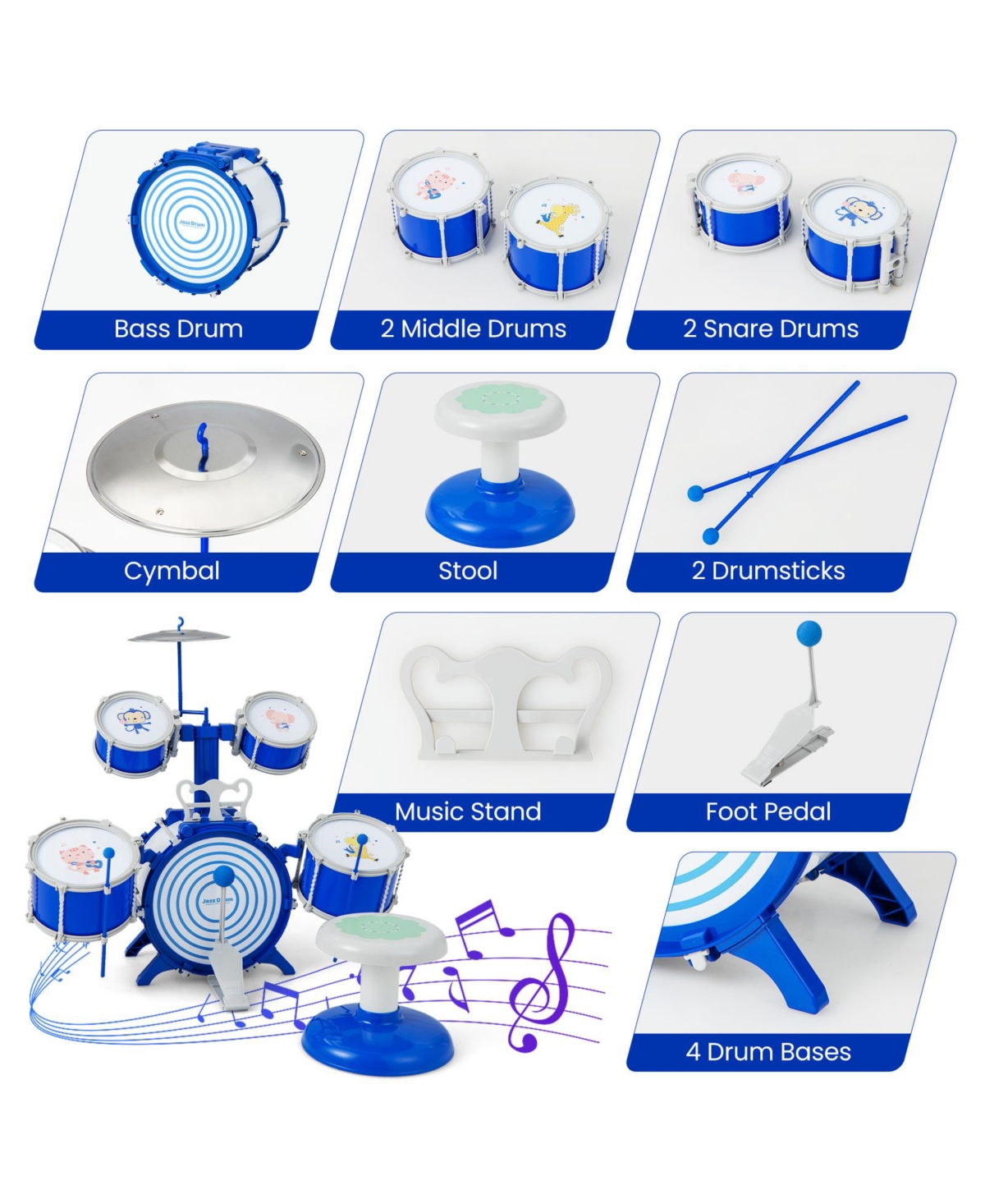 Hongge Kids Drum Set Educational Percussion Musical Instrument Toy with Bass Drum