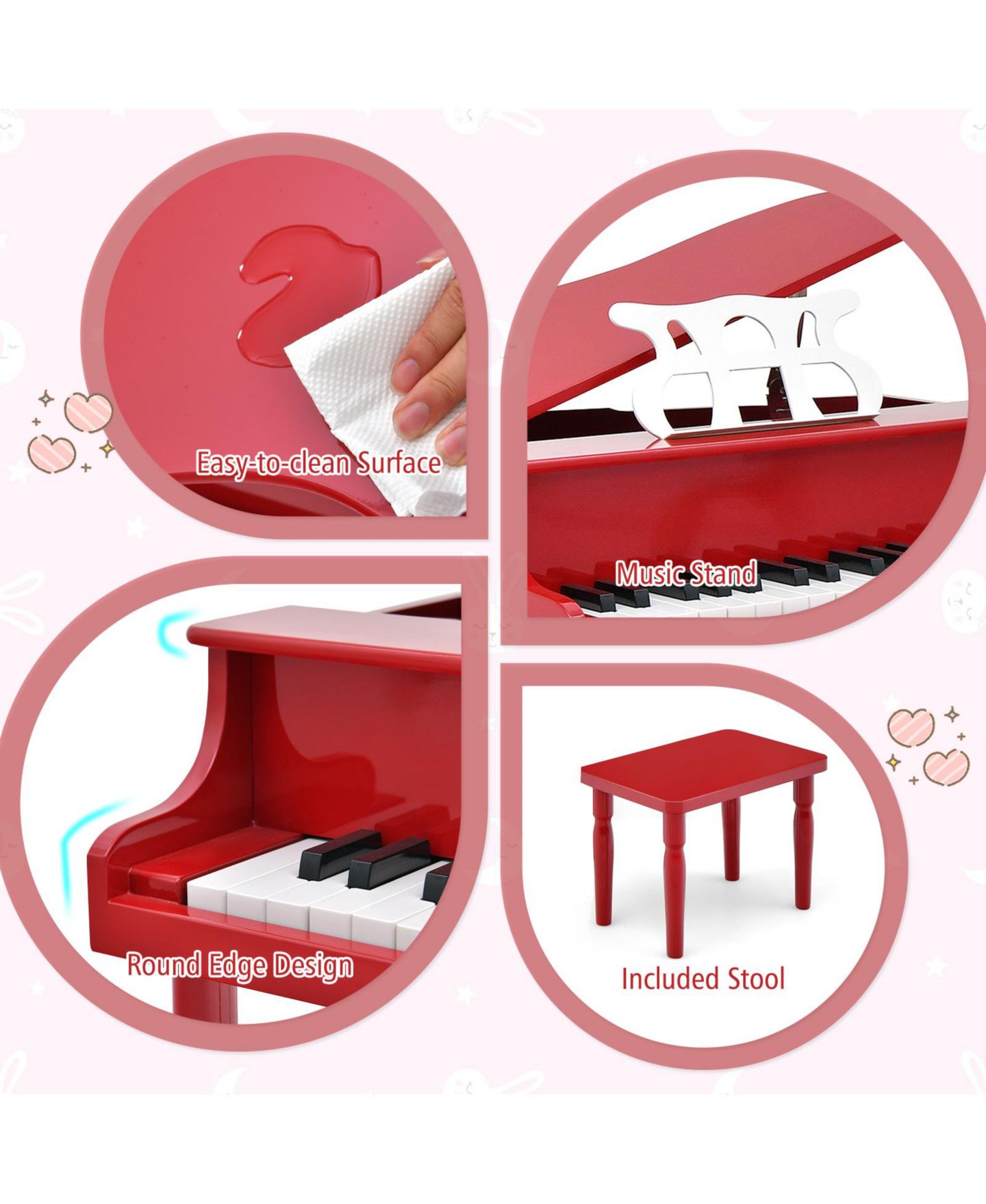 Детские игрушки HONGGE 30-Key Wood Toy Grand Piano, Music Practice, 3-Piece Grand Piano, Bench and Music Rack Set, Ages 3+ — фото 9
