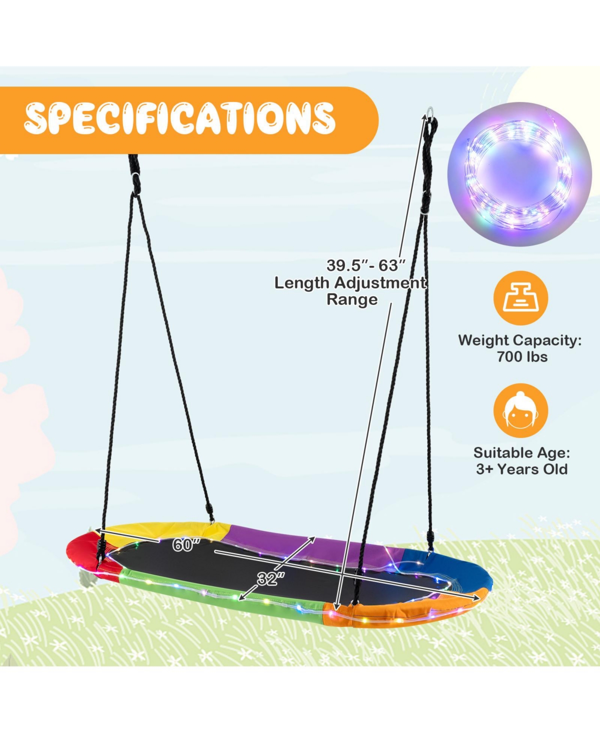 Hongge 60 Inches Saucer Swing with Led Lights for Kids and Adults