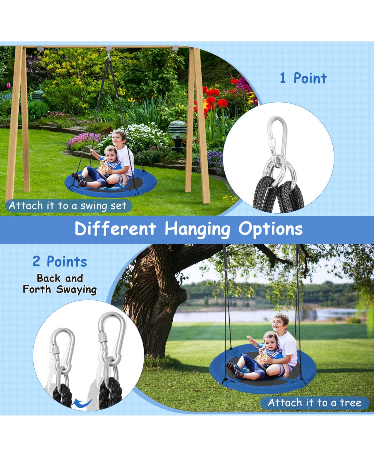 Hongge Inches Saucer Tree Swing with Adjustable Hanging Ropes and 900D Oxford Fabric-Whale